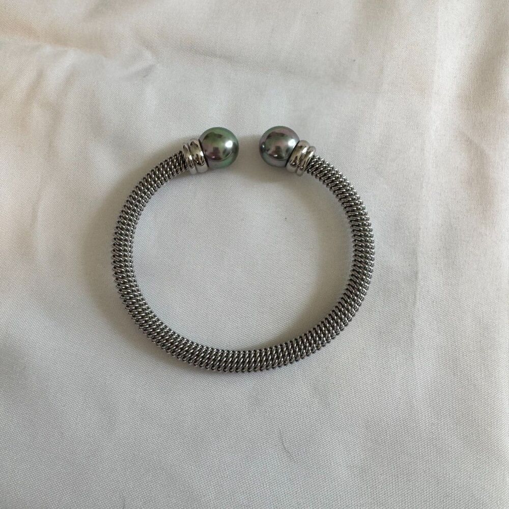 Majorica Women's Stainless Steel Rhodium Plated Bangle Bracelet Organic Pearl - Picture 6 of 8